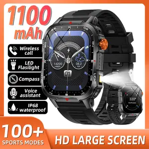 1100mAh Large Battery Outdoor Smartwatch Features Flashlight, 30 Days Battery Life, Wireless Call/Message Alerts, Compass, IP68 Water Resistance, Compatible with Android/iOS, Gift for Men and Women