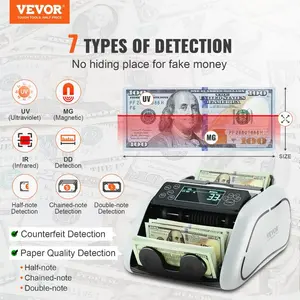 VEVOR Money Counter Machine, Bill Counter with UV, MG, IR and DD Counterfeit Detection, USD EUR Cash Counting Machine with Large LCD External for Small Business