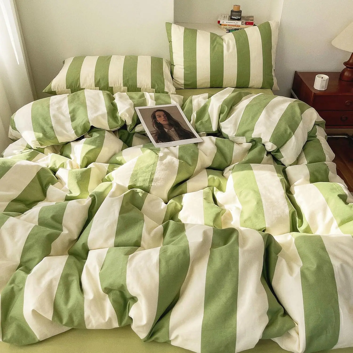 3 Pieces Queen Size Striped Duvet Cover Set, 100% Washed Microfiber Sage Green White Stripes Printed Comforter Cover, Soft Breathable Farmhouse Striped Bedding Set 3 Pieces Queen Size Striped Duvet Cover Set, 100% Washed Microfiber Sage Green White Stripes Printed Comforter Cover, Soft Breathable Farmhouse Striped Bedding Set