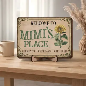Personalized Welcome To Mimi's Place Wooden Sign, Vintage Wooden Sign, Rustic Home Decor, Floral Wall Art, Home Decor Plaque Funny Bar Sign Rectangle Design Plaque Gift