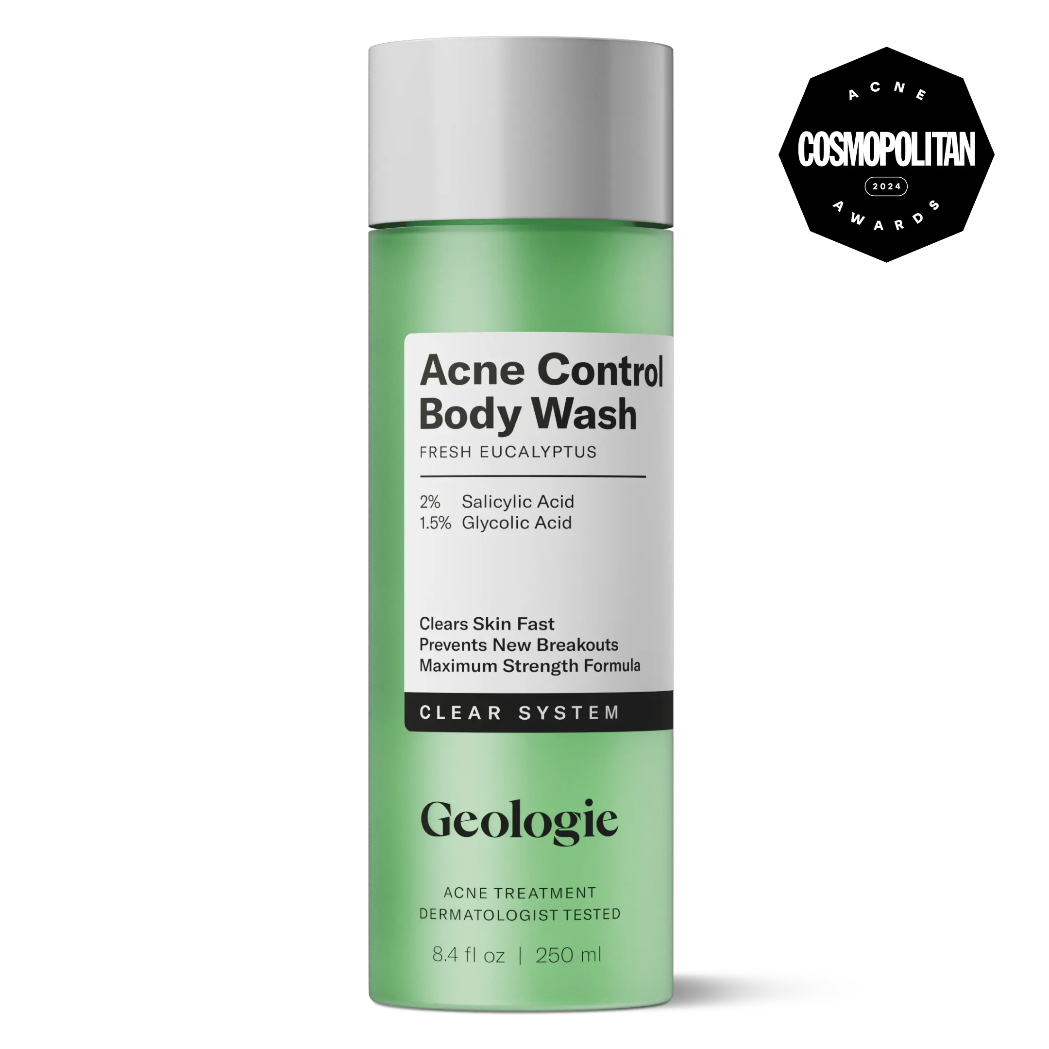 Geologie Acne Control Body Wash | Fresh Eucalyptus | 2% Salicylic Acid + 1.5% Glycolic Acid | Clears Body Acne & Prevents Breakouts | For Men & Women | No Benzoyl Peroxide | 8.4 oz