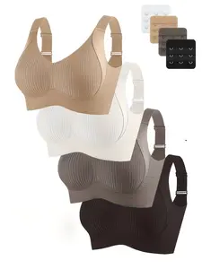 4-Piece Women's Striped Seamless Essential Bra Set, Soft Comfortable, Plain Four-Row Adjustable Straps, Breathable Fabric, Mother's Day Gift