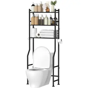3-Tier Over The Toilet Storage, Space Saver Metal Bathroom Shelves, Freestanding Above Over Toilet Storage Shelf with 4 Hooks for Bathroom, Black