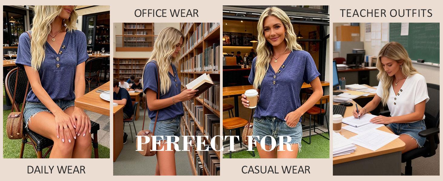 KevaMolly Womens Button V Neck T Shirts Short Sleeve Tshirt Shirts Casual Loose Fit Tops 2026 Summer Beach Outfits Clothes