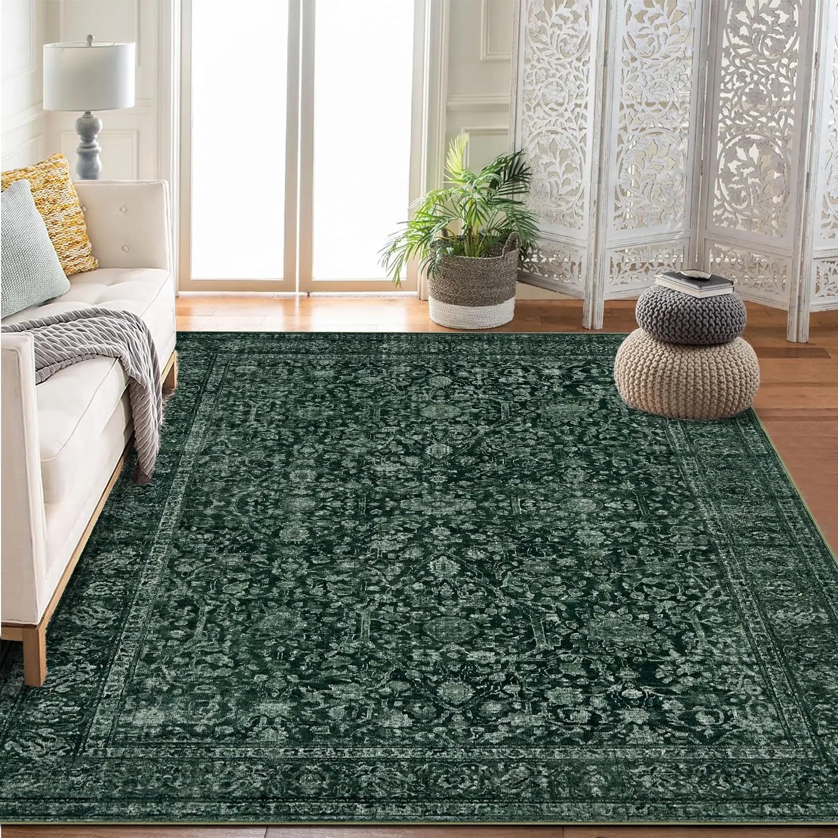 Garvee Large Washable Vintage Floral Boho Area Rug for Living Room, Bedroom, Dining Room, and Playroom - Non-Slip Low Pile Carpet in Dark Green, 5x7 ft