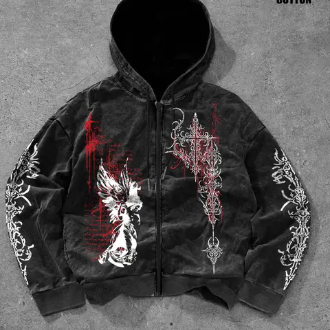 Men's Washed Cotton Hoodie Cardigan, Gothic Print, Gothic Printed Hoodie, Casual Fitted Long Sleeve Pullover, Sweatshirts, Fall & Winter Fashion, Comfortable and Stylish, Menswear
