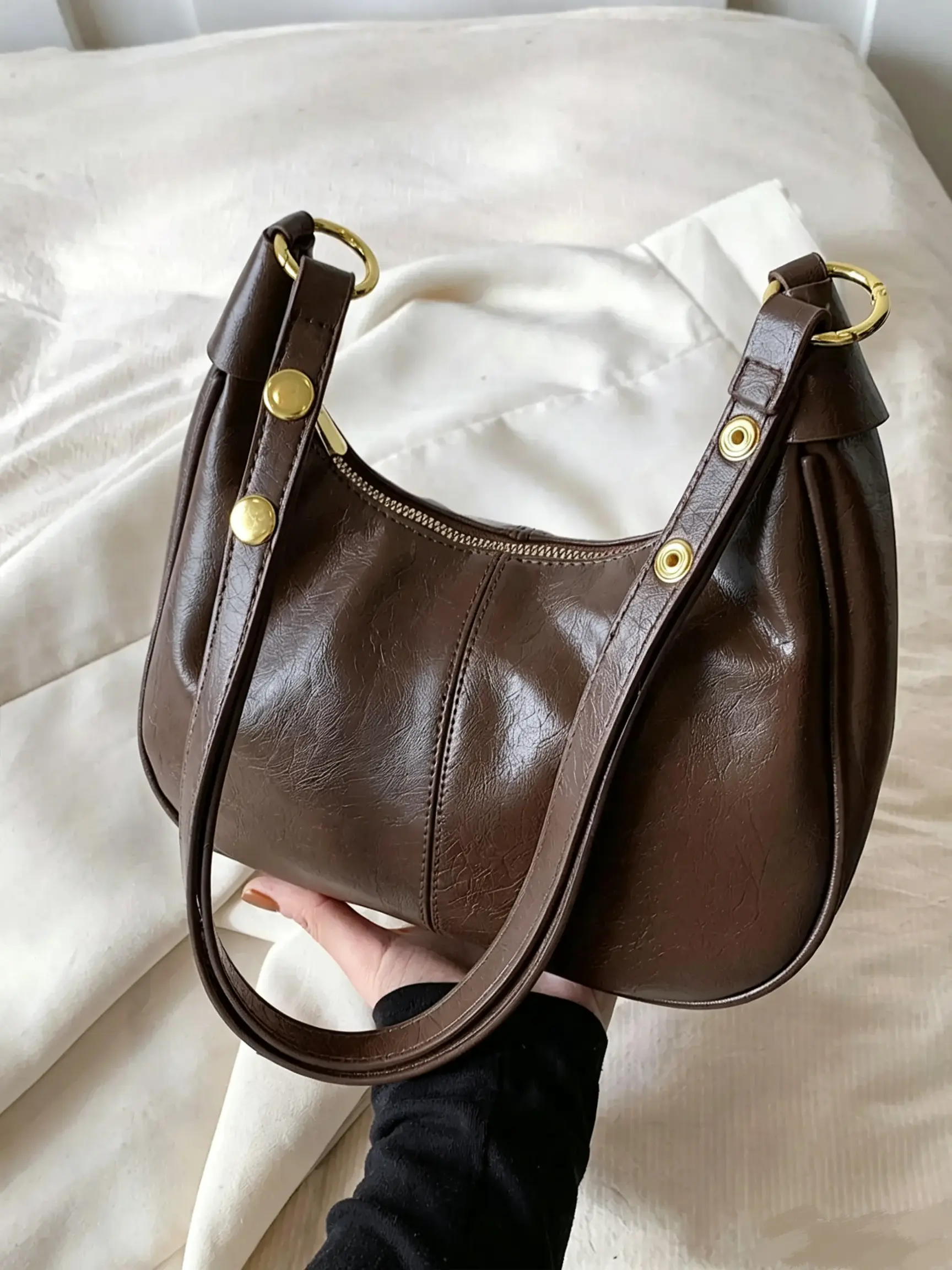 New Women's Simple Solid Color Zipper Shoulder Bag, Christmas Gift , Fashionable Versatile Underarm Bag, All-match Hobo Dumpling Bag for Daily Used