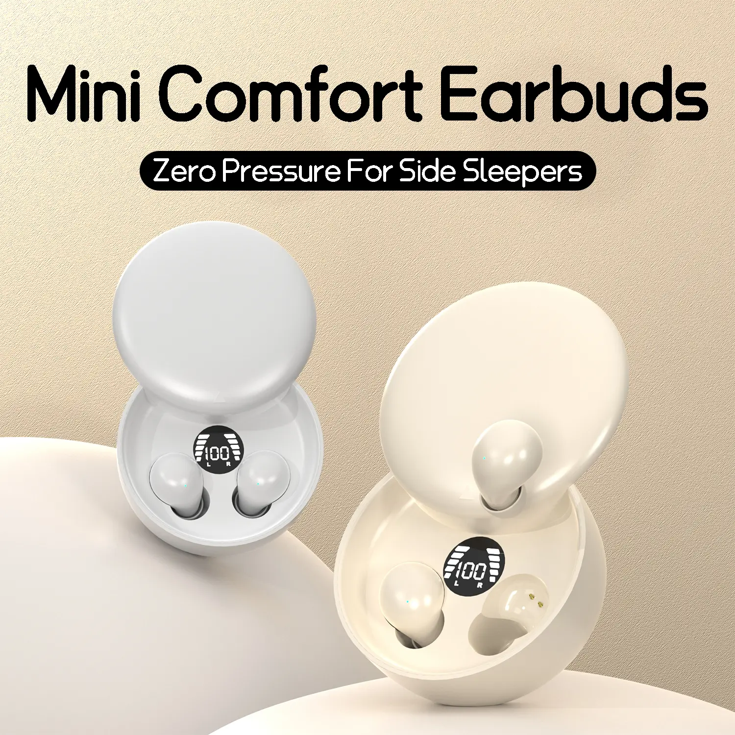 Ultra Mini Wireless Sleep Earbuds, Bluetooth 5.4 Lightweight Earphones with No Ear Pressure, Low-Profile All-Night Wearing Design, LED Digital Power Charging Case, Touch Control, Stereo Audio