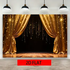 [ 2D Flat ]Stage Photography Background Golden Curtains Sparkling Background Fabric Polyester Reusable For Party Wedding Decoration Studio Props Cake Table