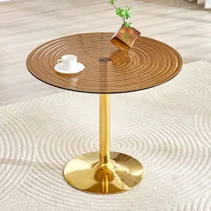 35 inch diameter, light luxury brown ring glass round table. Golden metal pillar. Negotiation table, household coffee table, dining table