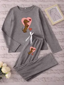Women's Long Sleeve Pajama Set Cartoon Heart Sausage Dog Print, Casual Fitted Sleepwear Loungewear for Spring & Fall, Comfortable Kint Fabric