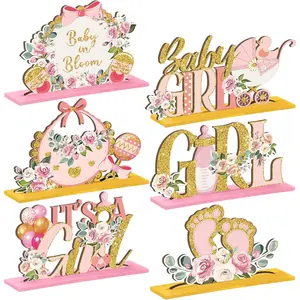 6 Pcs Floral Baby Shower Table Decoration Baby in Bloom Wooden Centerpiece It's a Girl Gender Reveal Table Display Pink Rose Gold Flower Decor for Girl Birthday Spring Party Nursery Decor