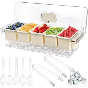 Large Ice Chilled Condiment Server with Lid, 5 Compartment Chilled Condiment, Taco Bar Serving Tray, Garnish Holder Tray for Bartenders Mimosa Salad Soda Bar Supplies, 2 Tongs, 5
