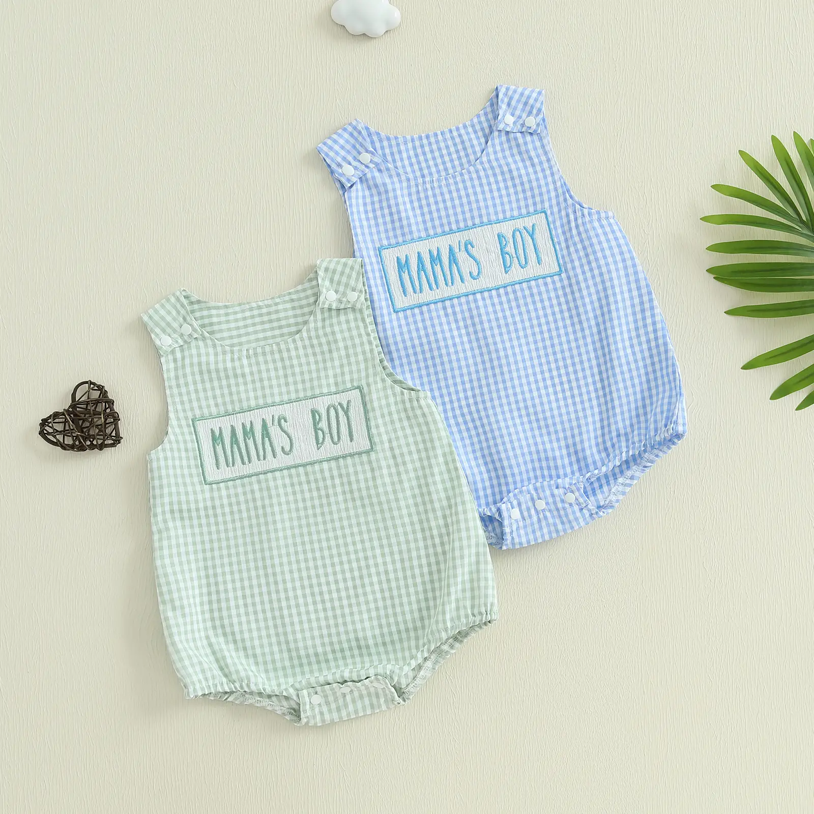 Baby Boy Summer Romper Overalls Letter Embroidery Plaid Print Sleeveless Round Neck Jumpsuit