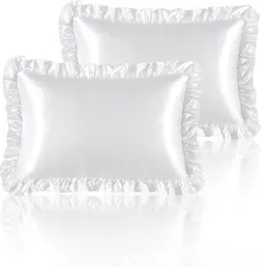 White Ruffle Satin Pillowcase Standard Size Set of 2,Imitate Silk Pillow Cases for Hair and  with Zipper,Farmhouse Pillow Shams Room Decorative  for Women(20"x26")