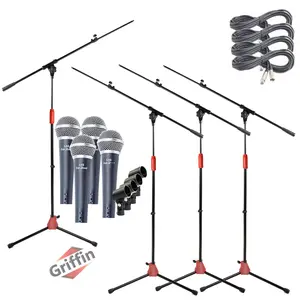 Microphone Stand with Telescoping Boom Arm, 20 Ft XLR Cable (Pack of 4) by GRIFFIN | Handheld Dynamic Mic & Clip  | DJ Pro-Audio Cardioid Singing Microphones for Home Studio Recording & Live Steaming