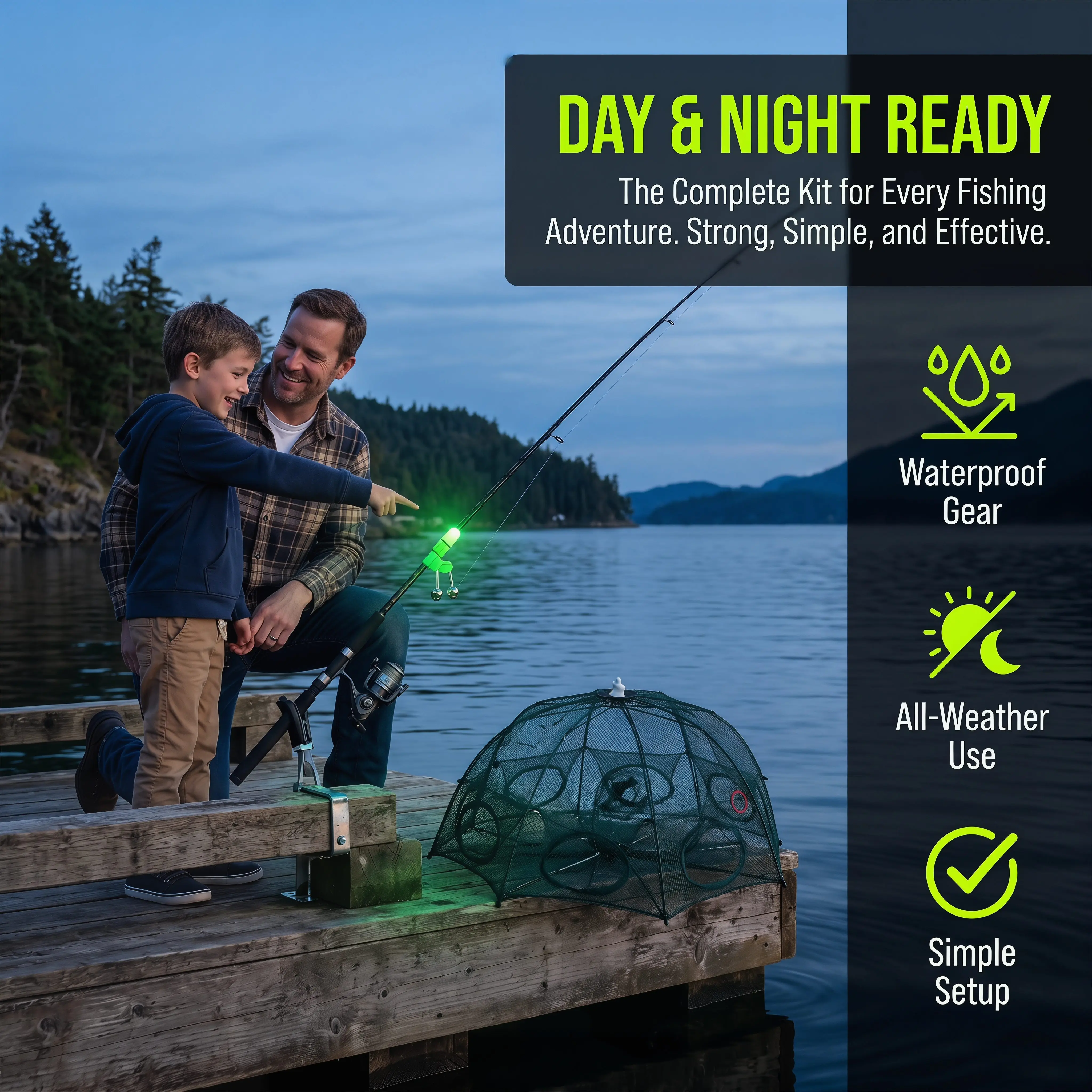3-in-1 Fishing Kit for Dad – Crab Trap + 10 Rod Bite Alarms + 5 Glow Lights, Perfect Father’s Day Gift, Day & Night Fishing Starter Set