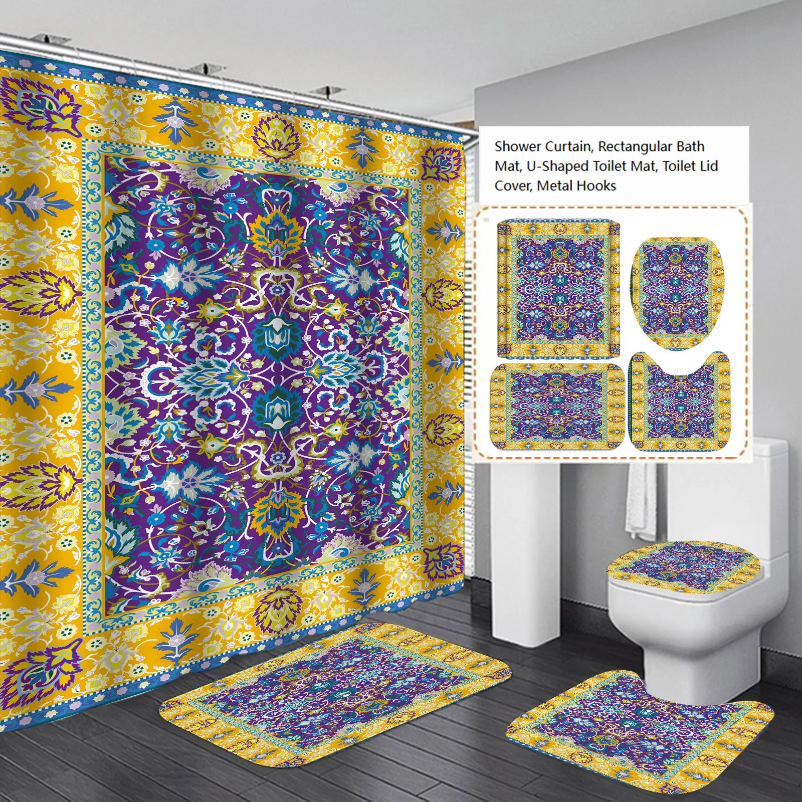 Elegant Rich Pattern Bathroom Shower Curtain Set - Includes Rectangular Bath Mat, U-Shaped Toilet Mat, Toilet Lid Cover, Metal Hooks