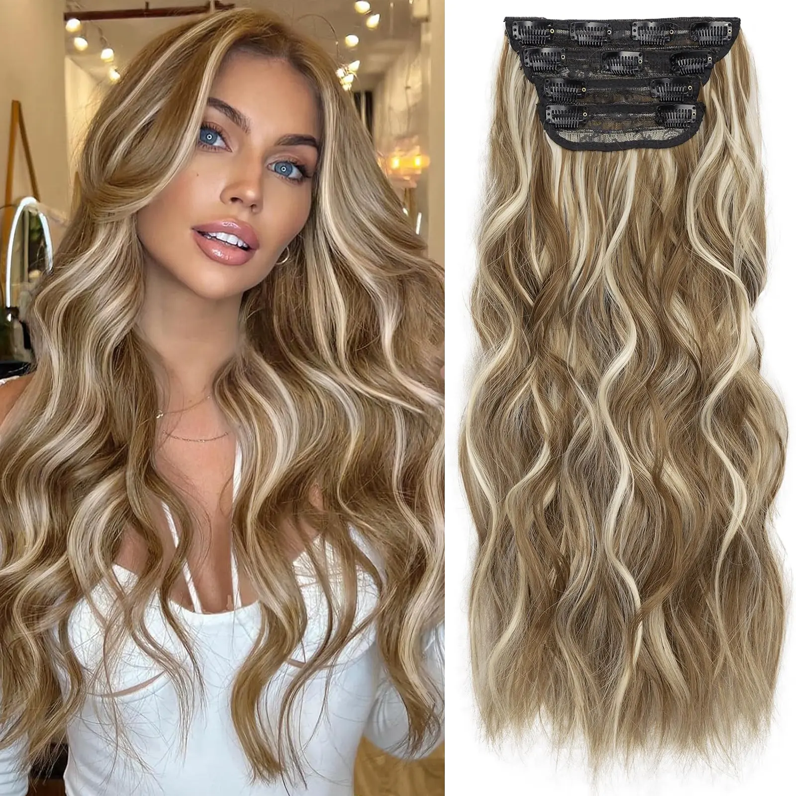 MAQUIUAGE Women's Clip in Synthetic Hair Extensions, 4PCS Thick Double Weft Black Fiber Body Wave Hairpieces, Clip In Hair Extensions