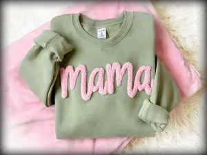 Mama Embroidered Sweatshirt Custom Personalized Names Sleeve Chenille Yarn Fuzzy Letters Christmas Gifts for her