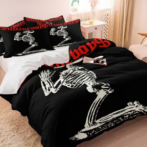 Dark Skull Prayer Duvet Cover Set, 1 Duvet Cover & 1-2 Pillowcases (no Pillows), Pure Black Color, Aged Texture of a Skull Praying Pattern, Soft Comfortable, Dark Subculture Style Bedroom & Dorm Decor, Bedroom Bedding Set, Bed Sets