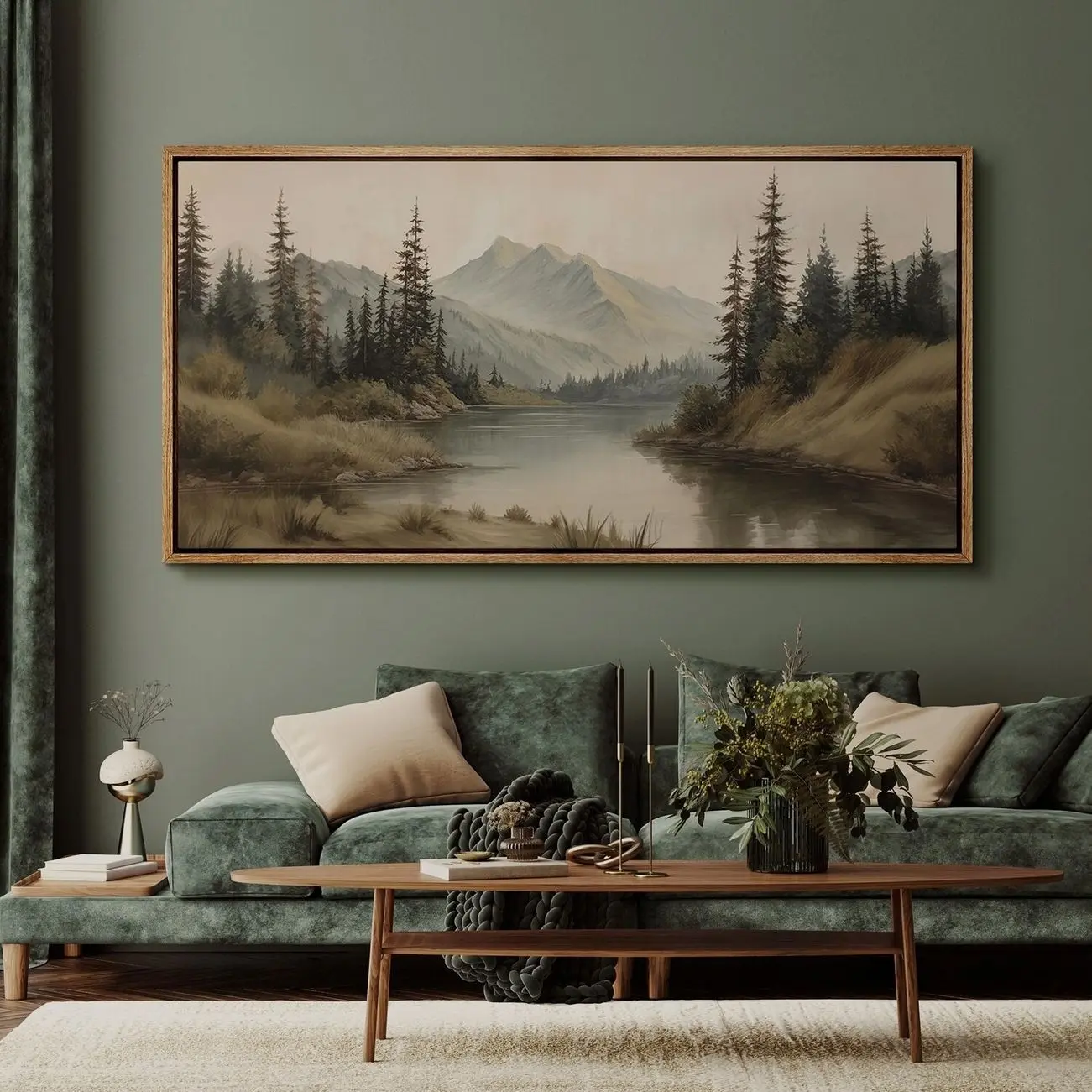 Large Vintage Mountain Lake Wall Art, Pine Forest Landscape Print, Rustic Decor Q