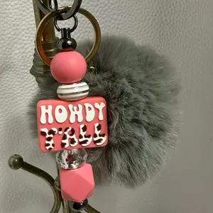Howdy Y'all Keychain with Pink Beads and Gray Pom-Pom Accessory for Keys