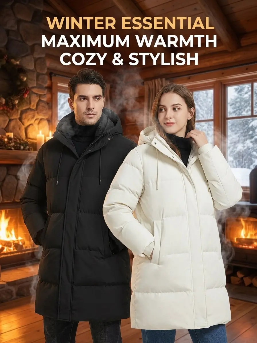 Men’s mid-length hooded down puffer jacket with zipper closure, thick warm quilted design for winter, casual long outerwear