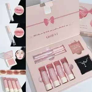Xinyu Butterfly Cosmetic Makeup Set with 4 Lipsticks, 1 Blush, 1 Lip Oil, 1 Lip Cream and Necklace, Adorable Butterfly Knot Gift Box, Makeup Kit Set