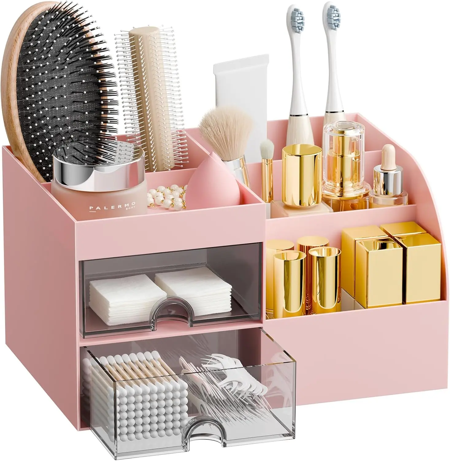 Pink Plastic Minimalist Beauty Makeup Organizer for Vanity - 2 Large Drawers, Transparent Cosmetic Display Case with Brush Holders, Smooth Storage Solution for Bathroom Countertop Skincare, Desk Office Supplies, Jewelry Organizer Gift Box, Modern