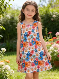 Girls' Summer Sleeveless Floral Print Dress, Colorful 3D Flower Pattern, Casual Vacation Style, Vibrant Fashion for Children