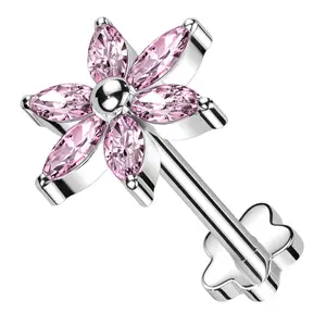 Senary Flower Pink CZ Flower Back Threadless Titanium Labret