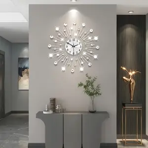 New Elegant Large Crystal Wall Clock - Silent Battery-Powered Metal Timepiece For Living Room & Bedroom Decor Round