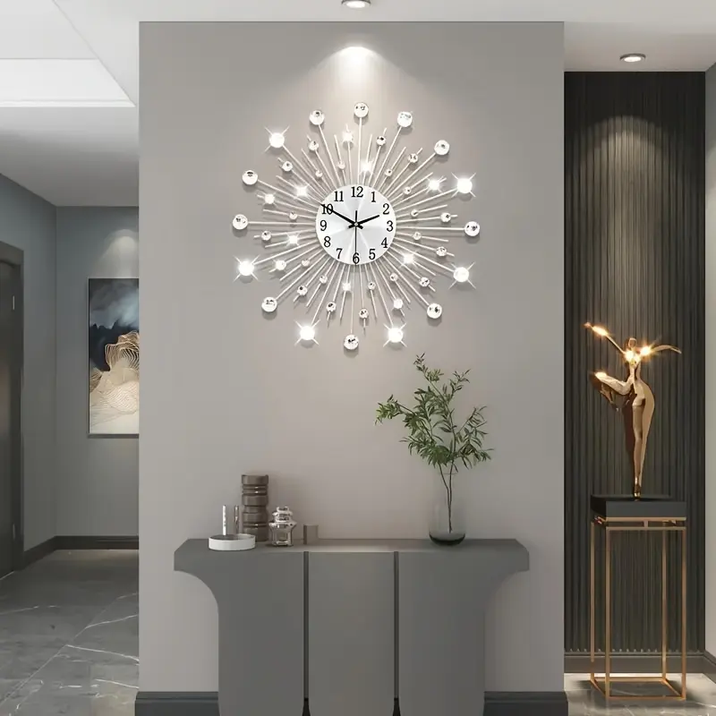 New Elegant Large Crystal Wall Clock - Silent Battery-Powered Metal Timepiece For Living Room & Bedroom Decor Round