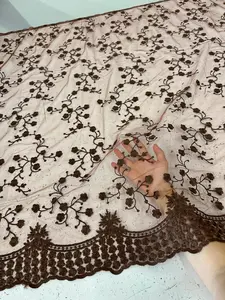 Brown Scalloped Floral Embroidered Lace