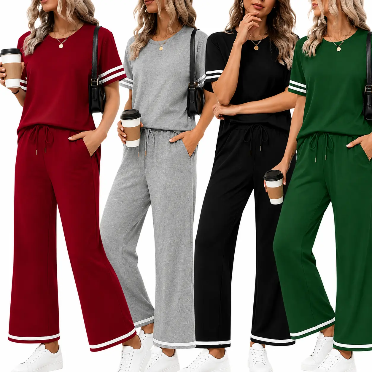 Women's Plus Size 2-Piece Loungewear Set - Chic Striped Trim Short-Sleeve Tee & Comfortable Drawstring Wide-Leg Capri Pants, All Seasons, Cozy OOTD, Curve Body Fashion, Easy Breezy Beautiful, 2XL