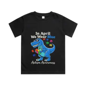 Funny T Rex with Puzzle Autistic Autism Awareness Boys Cotton T-shirt, Graphic Print Round Neck Short Sleeve Casual Tee for Boys Girls