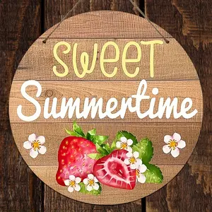 Artistic Wooden Interior Wall Decor Sweet Summer Strawberry and Floral Design, Handmade Round Wall Hanging for Home Decoration