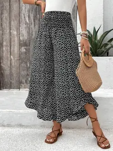 1 Women's Spring Summer High Waisted  Wide Leg Floral Pants, Casual Flowy Palazzo Pants with Elastic Waist, Lightweight Breathable Loungewear for Vacation Daily Wear, Boho Chic Style, Casual Bohemian Trousers