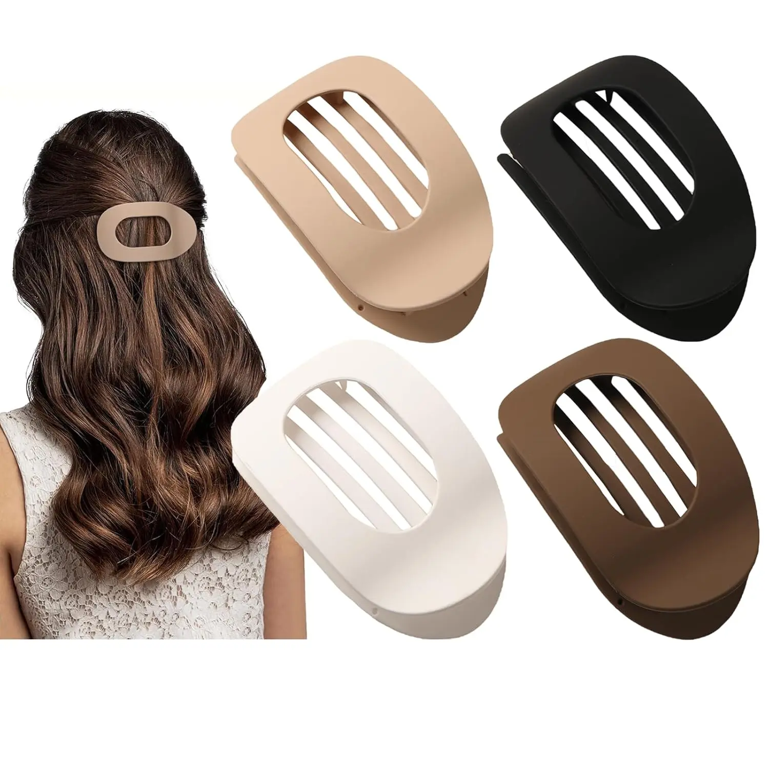 Solid Color Hair Clip Set of 4pcs - Oval Acrylic Clips for Women - No Trace Flat Large Clips - Elegant Minimalist Frosted Colors - Ideal Gifts for Her