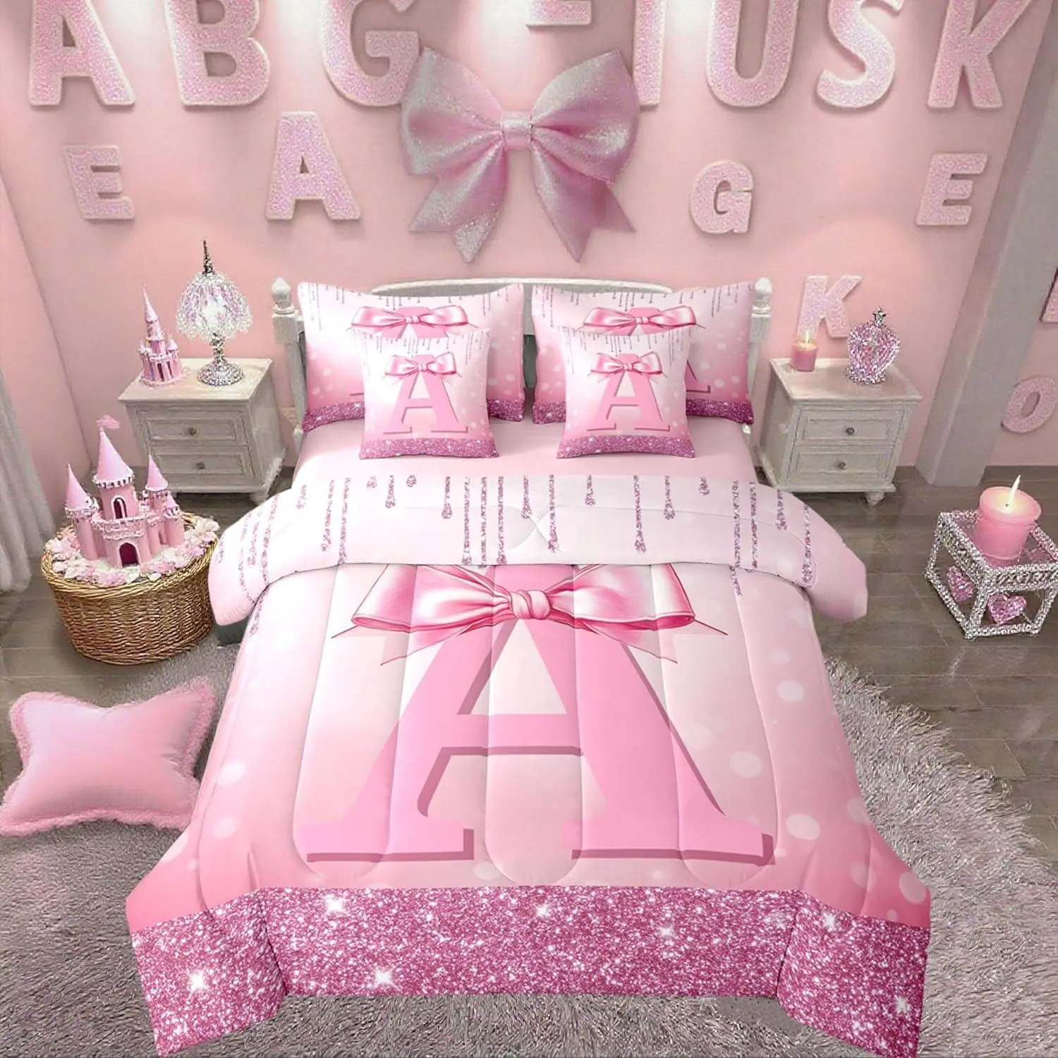 Feelyou 7-Piece Soft Microfiber Bedding Comforter Set for Teen Girls - Pink Glitter Bow, Monogrammed Initial, Preppy Princess Style, Sheets, Duvet Cover, Breathable Alphabet Blanket, Bowknot Design Blanket, Aesthetic Room Decor, Birthday Gift Option