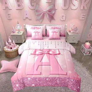 Kids Pink Bow Comforter Bed Set with Sheets,Teen Girl Letter Initial 7 Piece Bedding Set,Princess Glitter Bow Bed Bag,Preppy Monogrammed Bed Quilt Bed Set