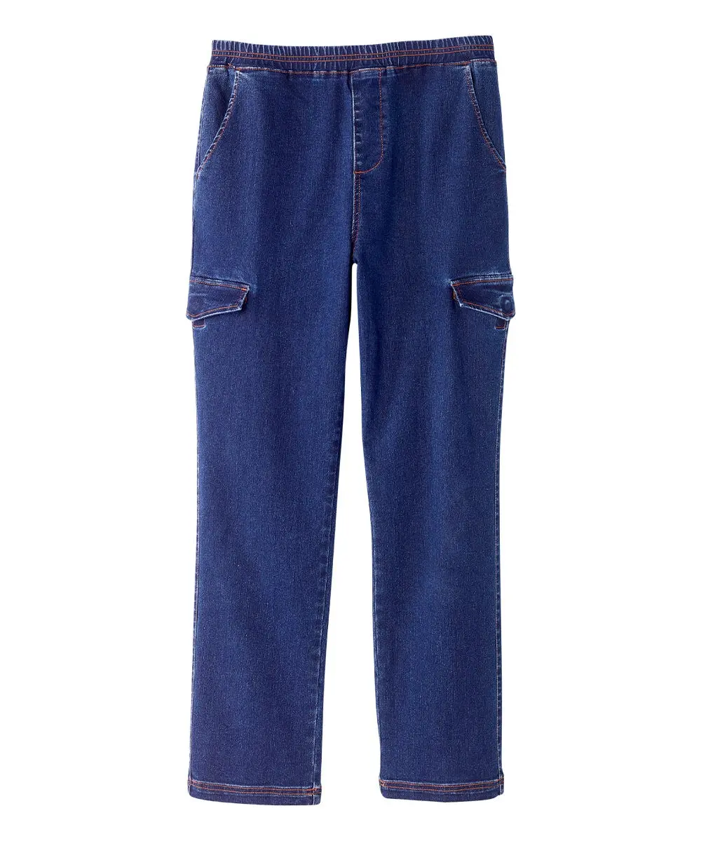 Men's Pull-On Denim Cargo Jeans - Straight Leg Fit, Menswear Pull-On Wear, Casual Dark Wash with Functional Cargo Pockets for Easy Self-Dressing | (sv2081)