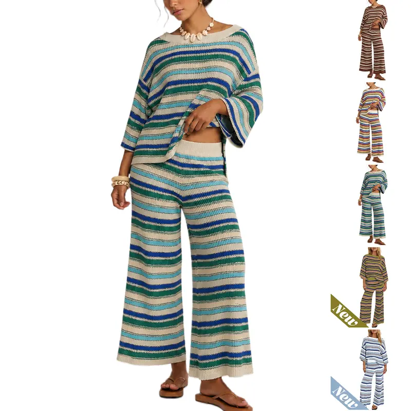 Buenoble Women’s Rainbow Striped Knit 2 Piece Set Oversized Sweater Top & High Waist Wide Leg Pants
