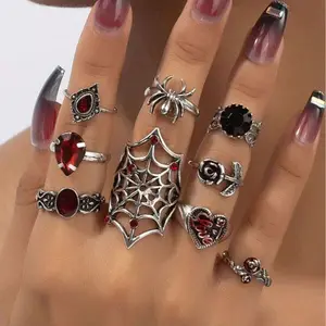 Antique Silver Ring, Decorative Ring With Flower And Teardrop Shape, Dark Red Rose Spider Net Victoria Vampire Goth Gothic Stacked Rings Set