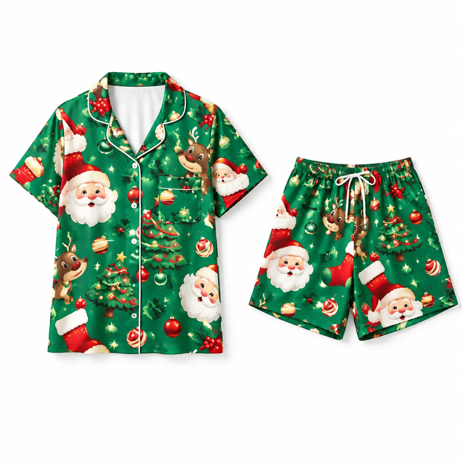 Christmas Santa Print Short Sleeve Pajama Set with Button Front and Elastic Waist Sleep Shorts for Women