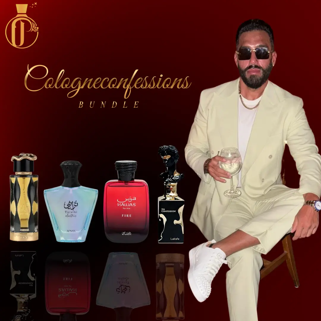 Cologneconfessions Bundle | Hawas Fire + Afnan Turathi Electric + Lattafa Teriaq + Lattafa His Confession | Men's Fragrance | 100 ML - 3.4 OZ | Eau De Parfum | Cinnamon - Lavender & Mandarin