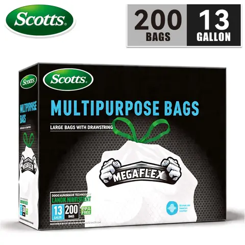 Scotts 13 Gal Plastic Trash Bags (200 Count) - Quick-Tie Drawstring Bin Bags Kit, Stockup Pack, Non-Tear, Puncture-Resistant, Leak-Proof, Odor-Eliminator Tech, Fresh Clean & Lemon Scents, Easy-to-Use Kitchen Home Supplies