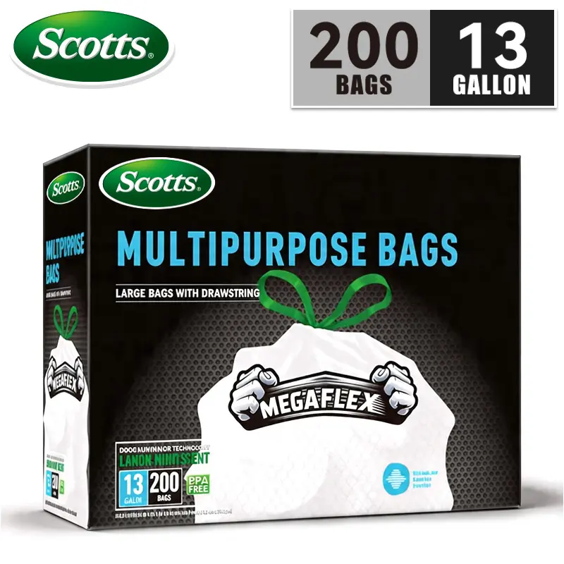 Scotts 13 Gal Plastic Trash Bags (200 Count) - Quick-Tie Drawstring Bin Bags Kit, Stockup Pack, Non-Tear, Puncture-Resistant, Leak-Proof, Odor-Eliminator Tech, Fresh Clean & Lemon Scents, Easy-to-Use Kitchen Home Supplies