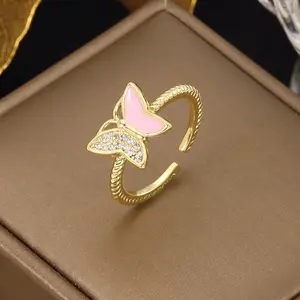 Eureka Gold Butterfly Finger Ring with Pink Detail
